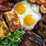 Carnivore meal with ribeye steak, beef bacon, fried eggs, shrimp, and grilled cheese cubes on a round plate Carnivore diet 7-day meal plan.