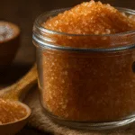 Rustic close-up of amber sea salt in a jar with spoon and capsules