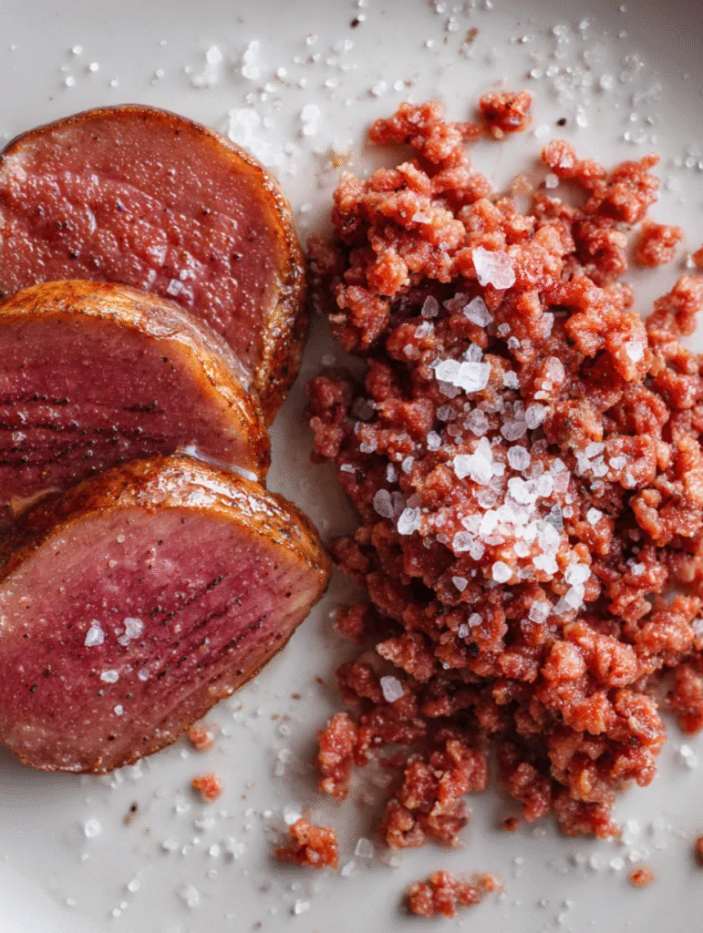 Close-up of sliced beef liver and seasoned ground beef with sea salt