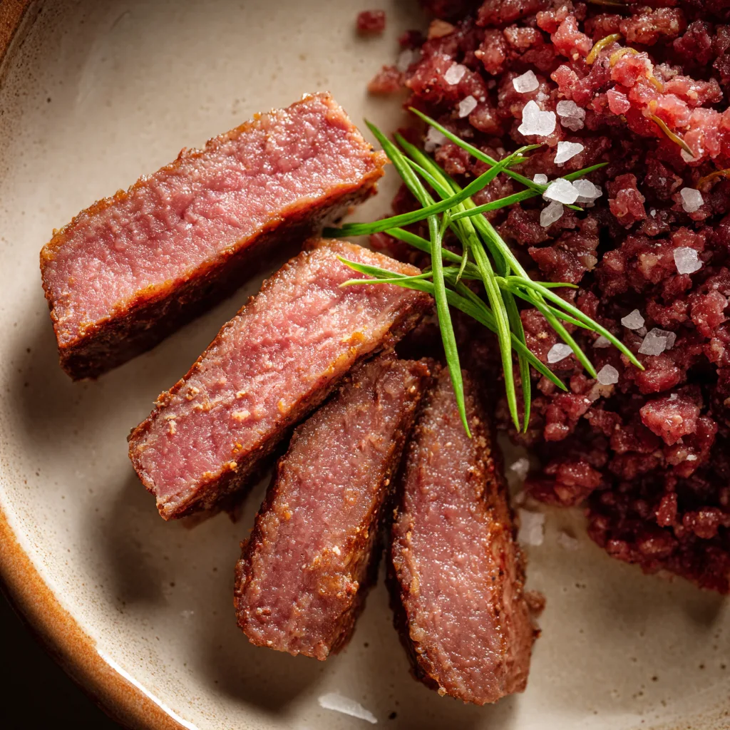 Sliced seared beef liver with ground beef and sea salt on a ceramic plate for Carnivore diet 7-day meal plan.