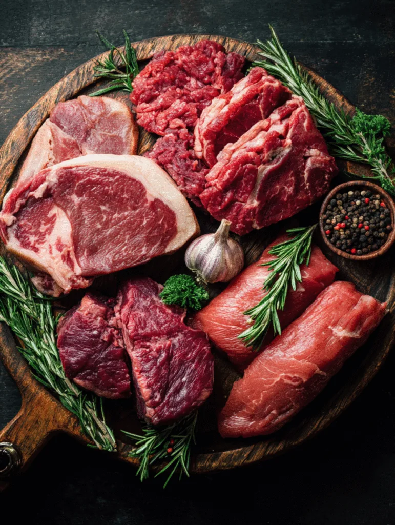Assorted raw beef cuts on a wooden table