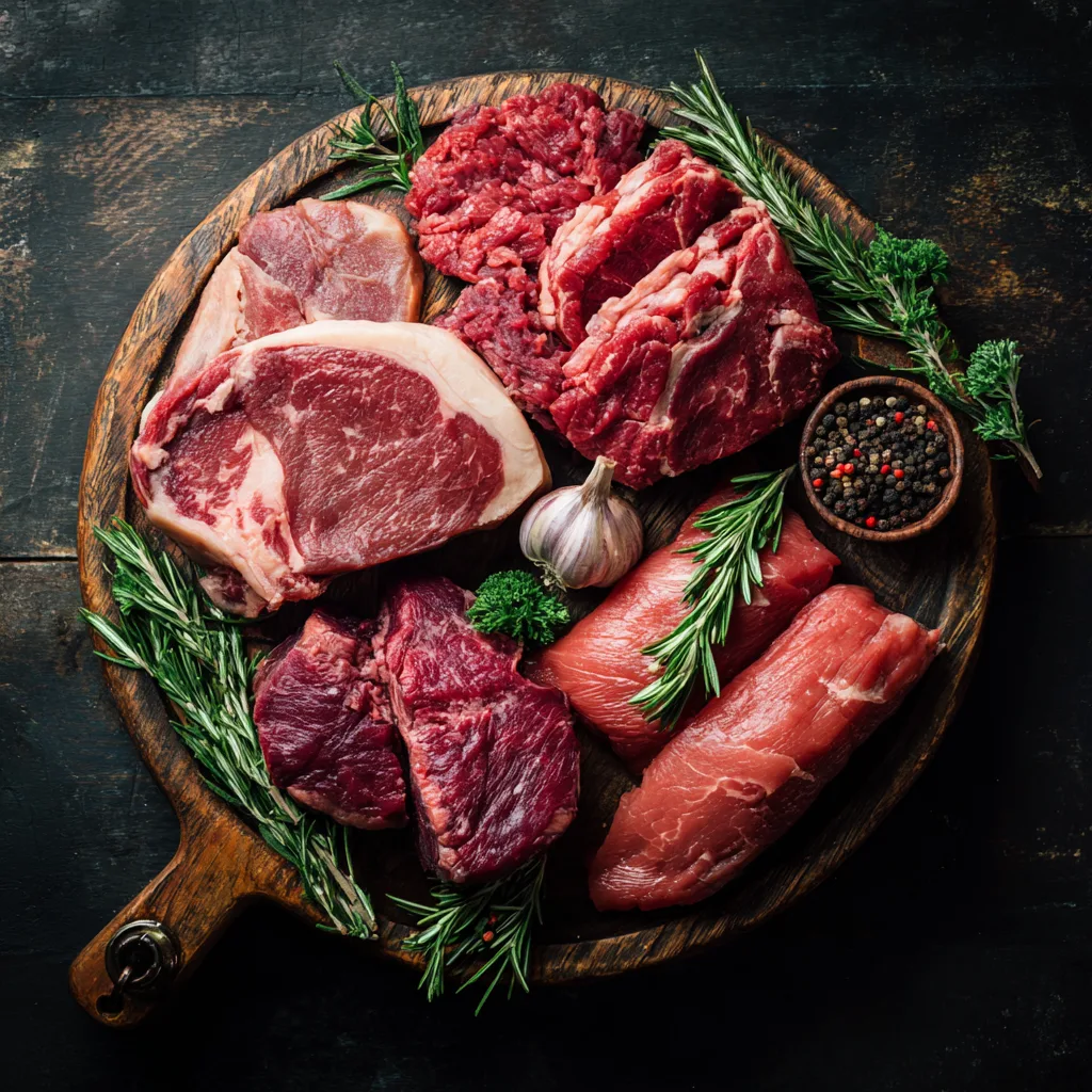 Assorted raw beef cuts on a wooden table Best Cuts of Meat for Carnivore Diet
