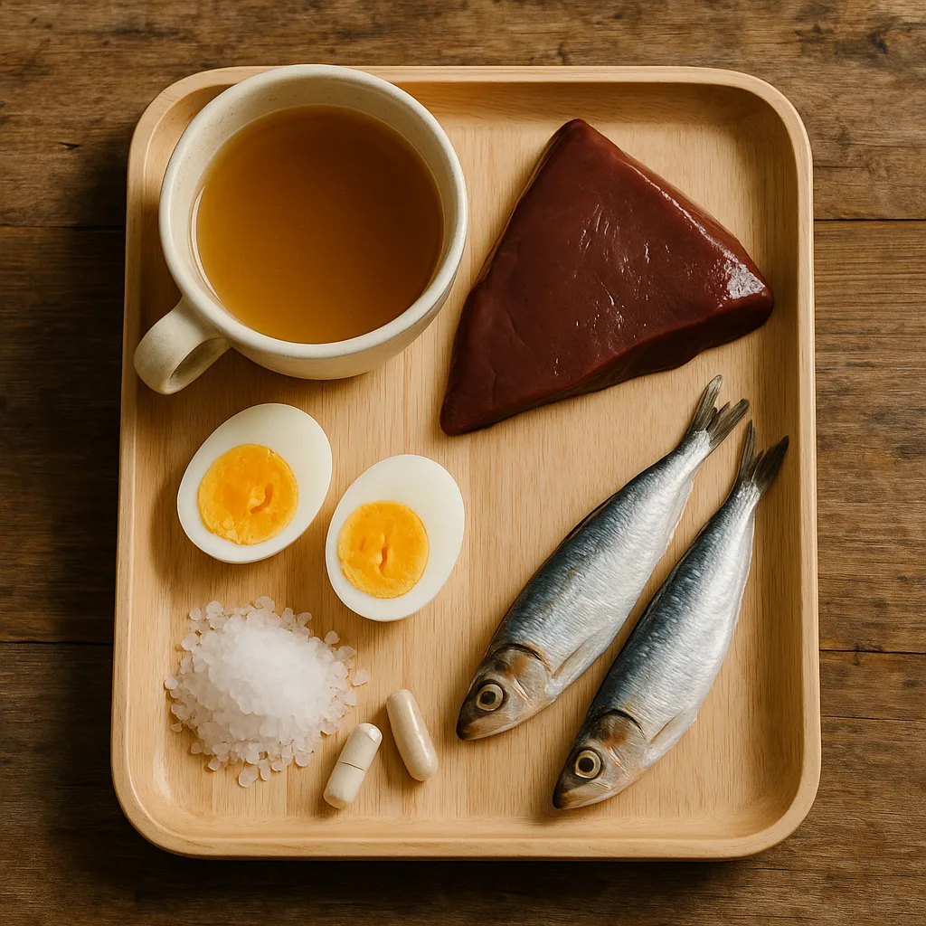 Overhead view of a wooden tray with bone broth, beef liver, boiled eggs, sardines, salt, and capsules