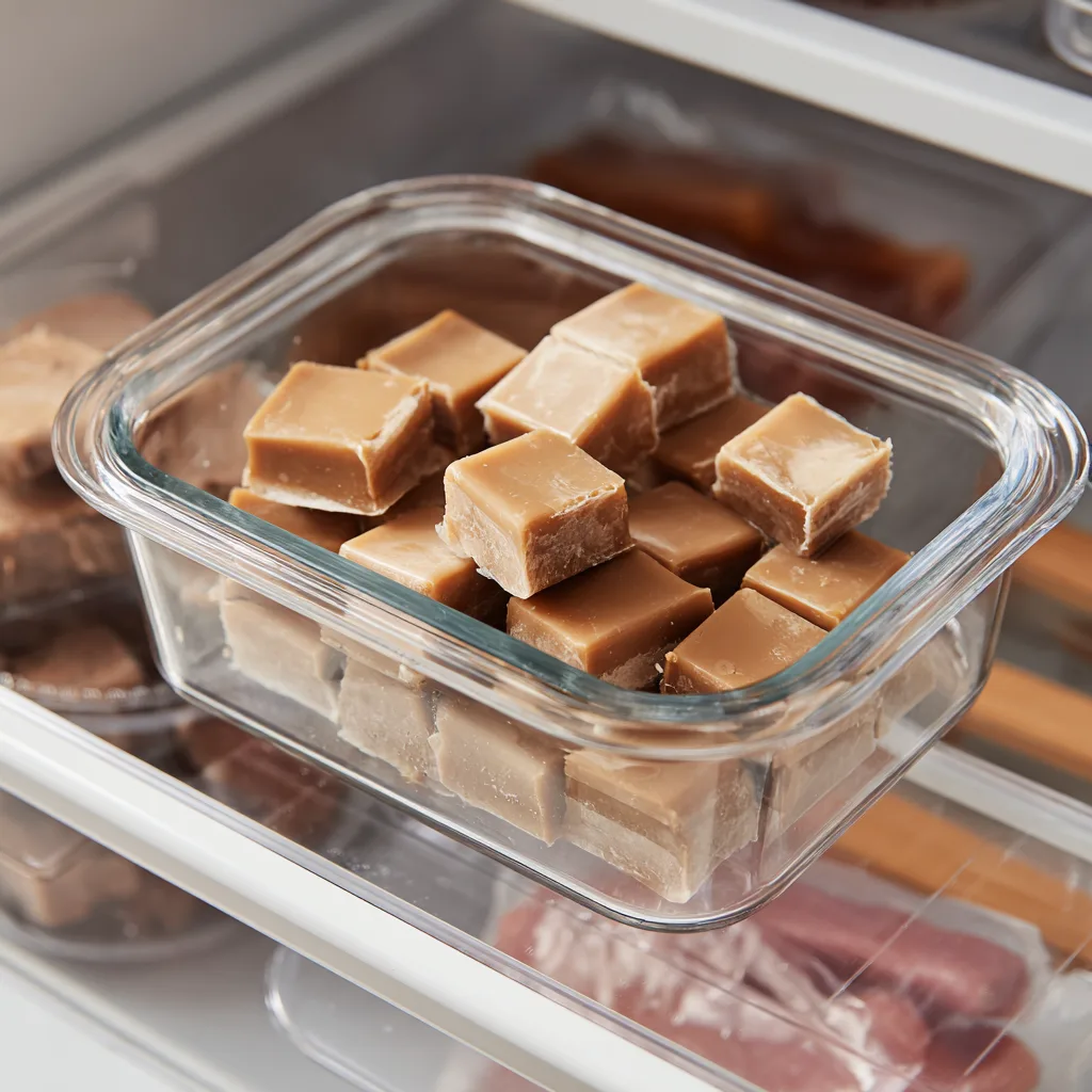 Frozen brown butter bites stored in a glass airtight container inside a refrigerator.