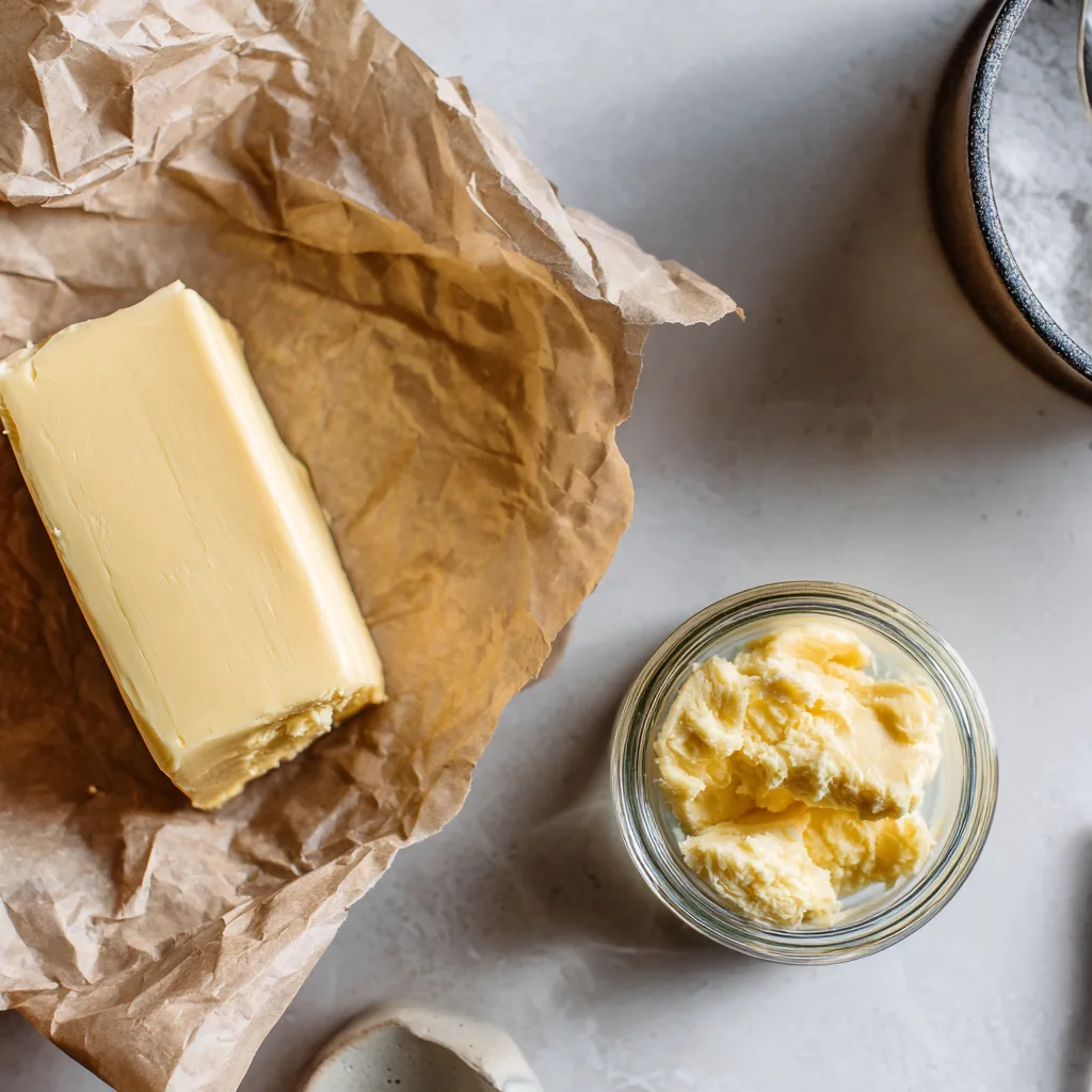 Flat-lay of butter on parchment paper and softened butter in a jar on a light background.