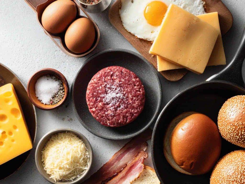 Flat lay of burger ingredients including eggs, cheese slices, raw beef patty, beef bacon, buns, and seasonings on a white surface
