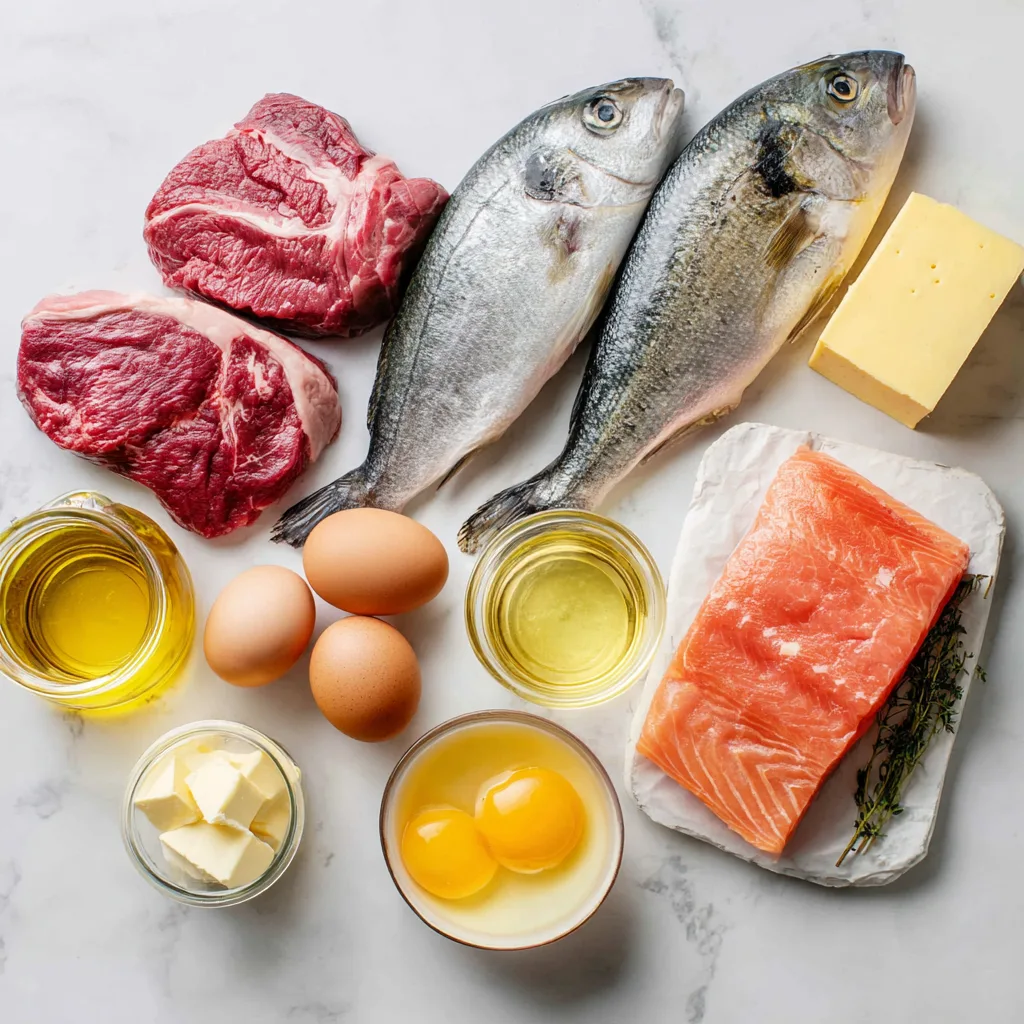 Animal-based foods laid out for a carnivore diet Carnivore Diet Grocery List