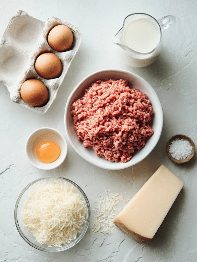 Overhead flat-lay of ground beef, eggs, shredded cheese, milk, and Parmesan prepared for a carnivore beef and egg bake.