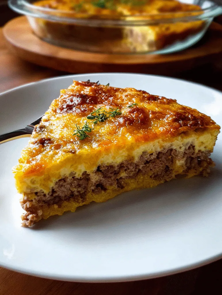 A thick slice of carnivore beef and egg bake served on a white plate.