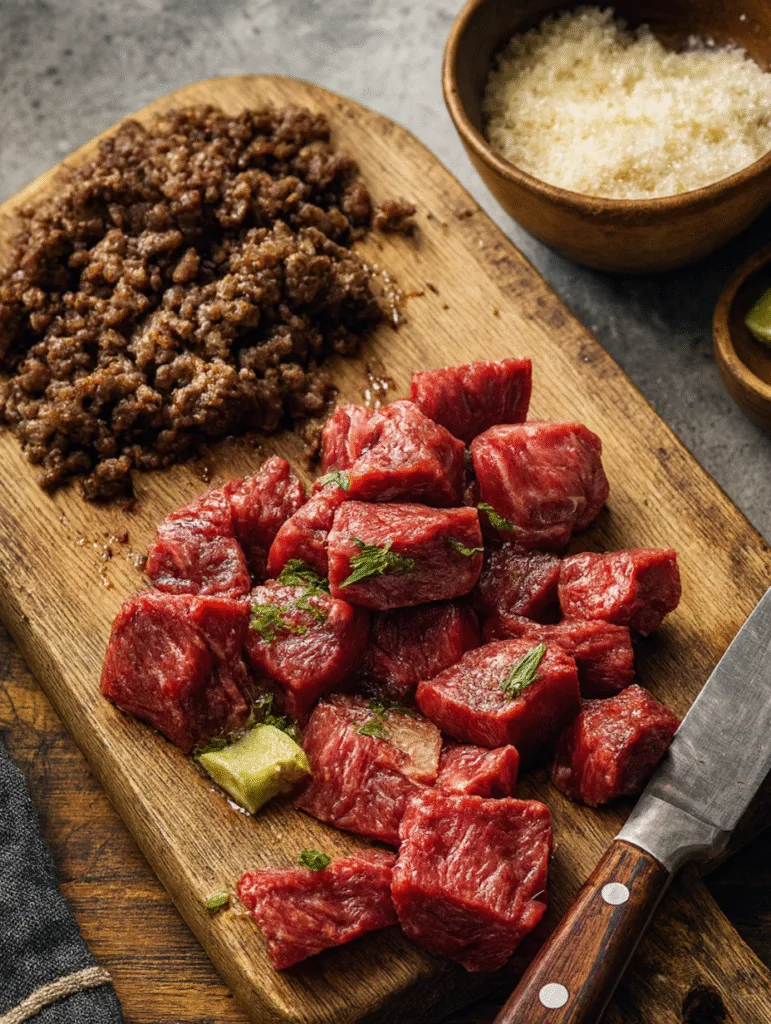 High-resolution image of raw beef cubes and cooked ground meat on a rustic wooden cutting board with a knife and bowls of salt and lime wedges.