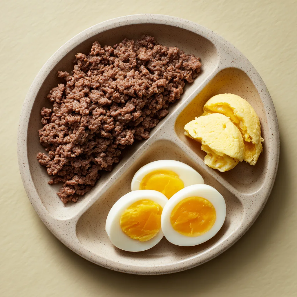 Divided plate with ground beef, scrambled eggs, and soft-boiled eggs on a beige background for carnivore meal prep ideas