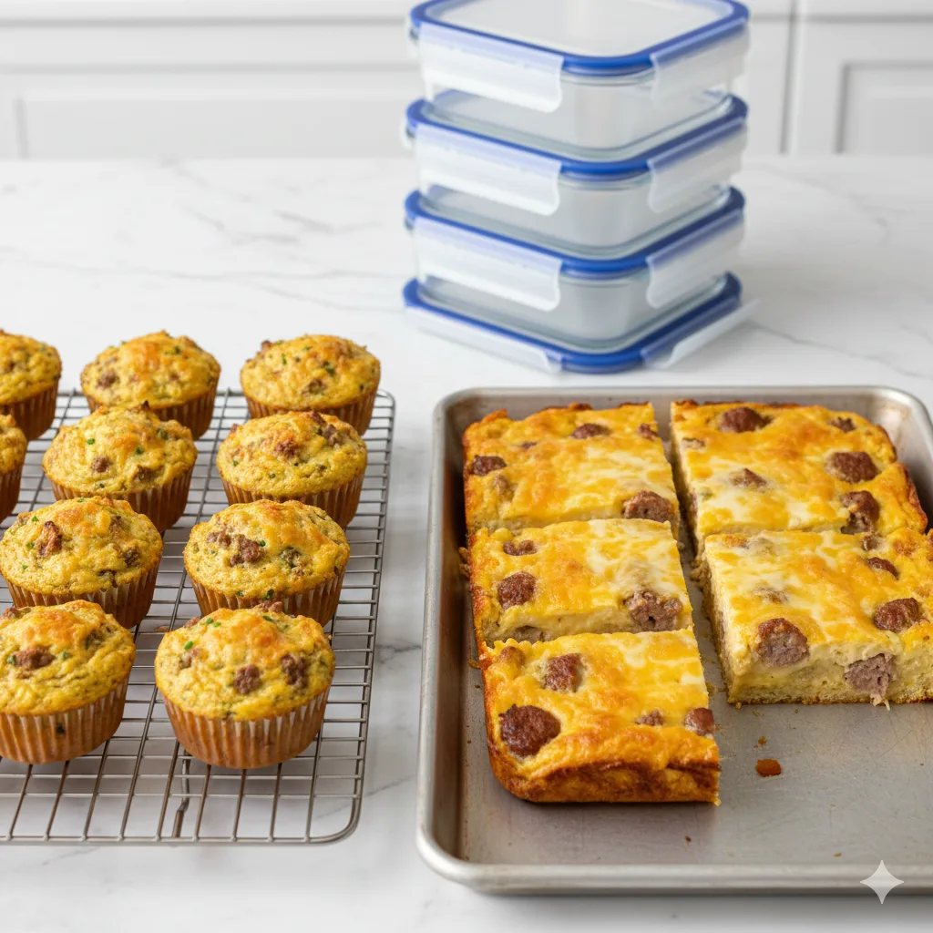 Carnivore breakfast muffins and sausage egg bake sliced on a tray