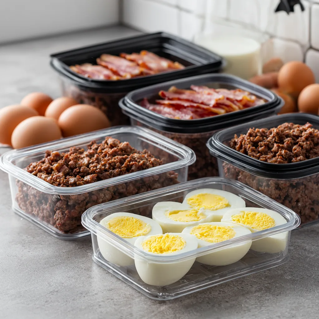 Meal prep containers with carnivore breakfast foods for carnivore breakfast ideas