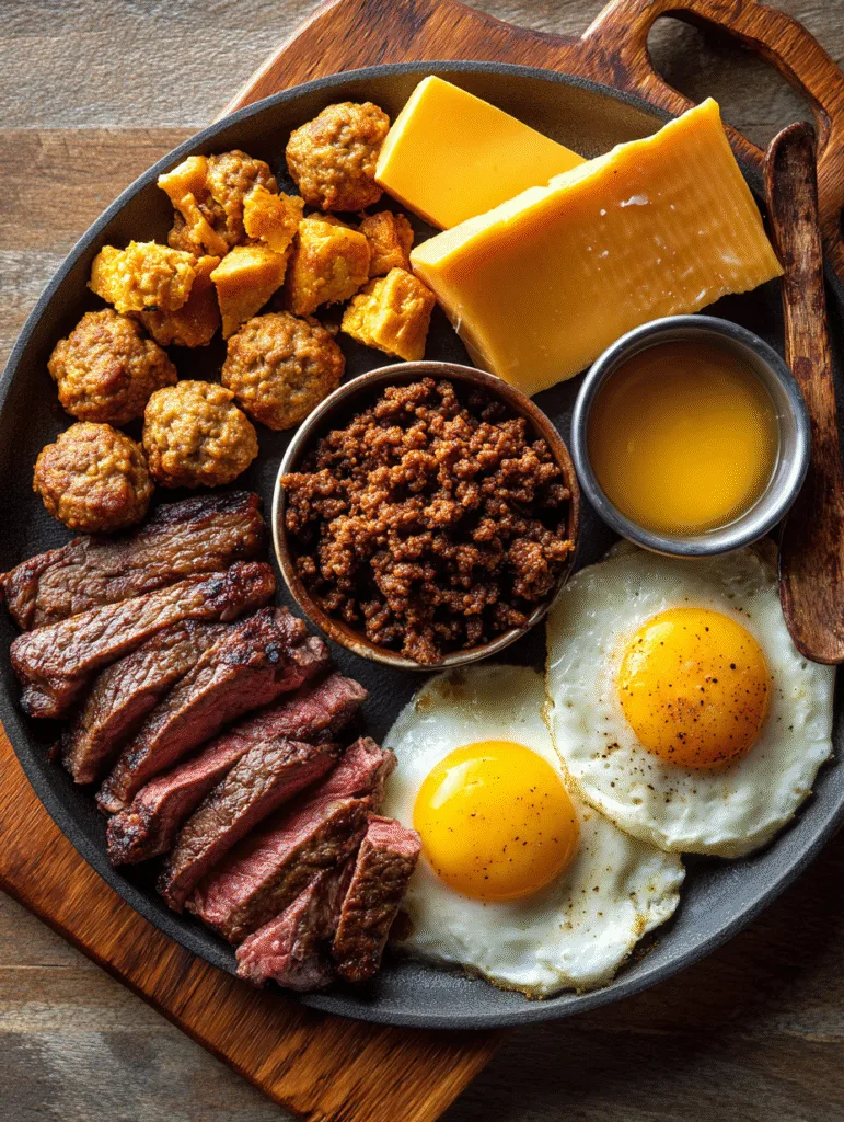 Carnivore breakfast plate with sliced steak, sunny-side-up eggs, meatballs, cheese, and ground beef.