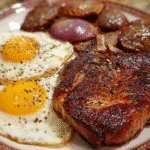 Grilled ribeye steak, sunny-side-up eggs, and seared beef liver slices on a plate, seasoned with salt and pepper part of a high-protein carnivore diet meal for carnivore diet food list