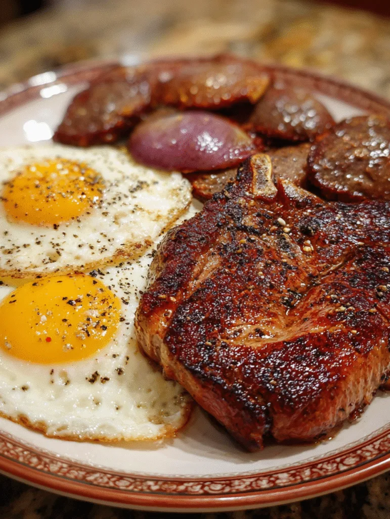 Grilled ribeye steak, sunny-side-up eggs, and seared beef liver slices on a plate, seasoned with salt and pepper part of a high-protein carnivore diet meal for carnivore diet food list