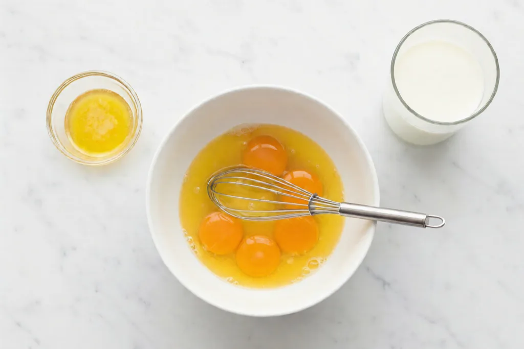 Ingredients for carnivore cake recipe, eggs, melted butter, and cream in bowls on a marble surface.
