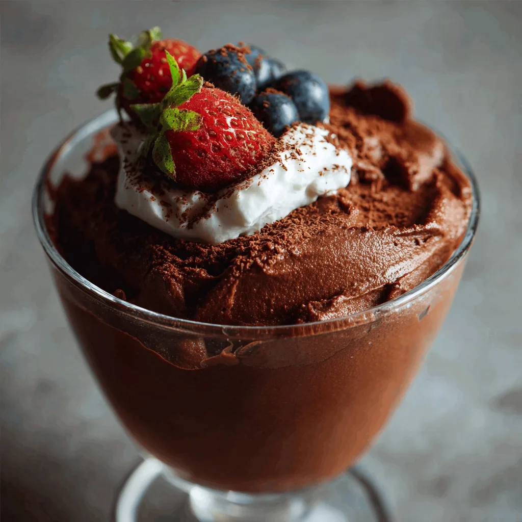 Chocolate mousse topped with whipped cream, strawberries, and blueberries in a glass.
