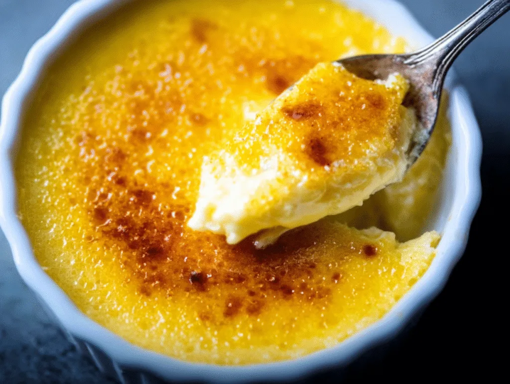 Spoon lifting creamy Carnivore Crème Brûlée with caramelized top