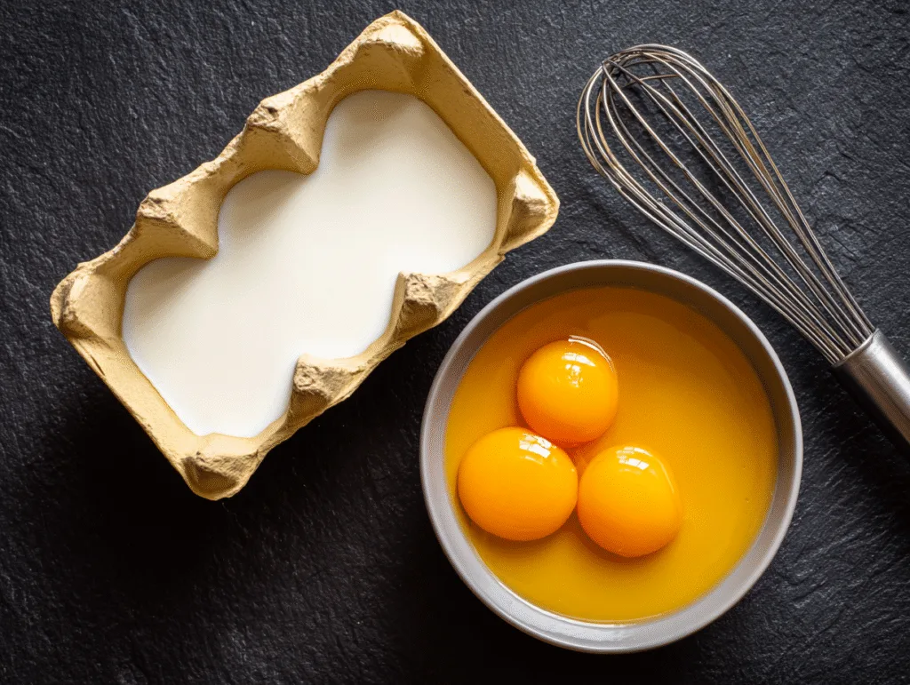 Carnivore Crème Brûlée ingredients: egg yolks, heavy cream, and whisk on slate board