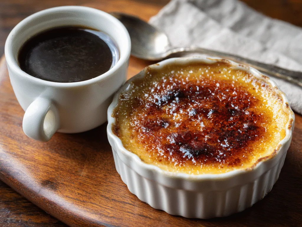 Carnivore Crème Brûlée served with black coffee on a wooden board