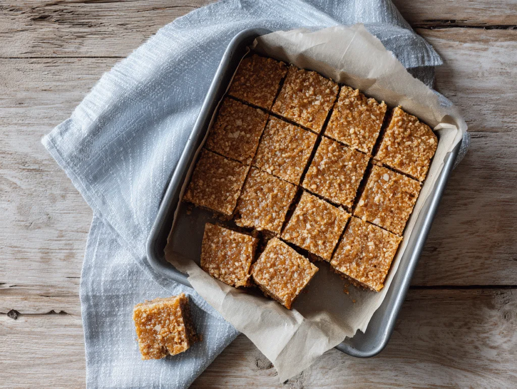 Overhead shot of baked carnivore dessert bars cut into squares in an 8x8 pan lined with parchment paper.