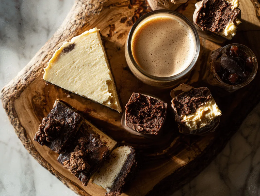 Carnivore dessert board with cheesecake, chocolate mousse, fudge bites, and cream cheese balls on a wooden board.