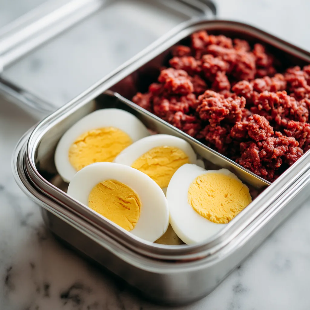 Meal prep with ground beef and eggs for belly fat reduction
