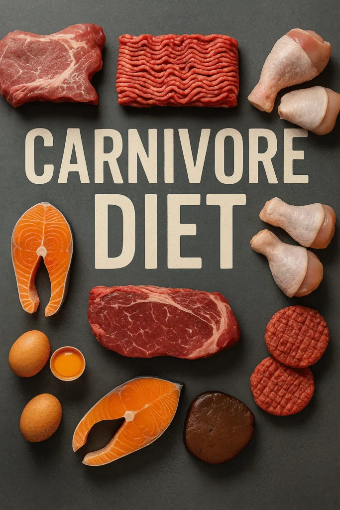 Raw meat, eggs, chicken, and salmon arranged around text "Carnivore Diet" on dark background Carnivore Diet Meal Plan