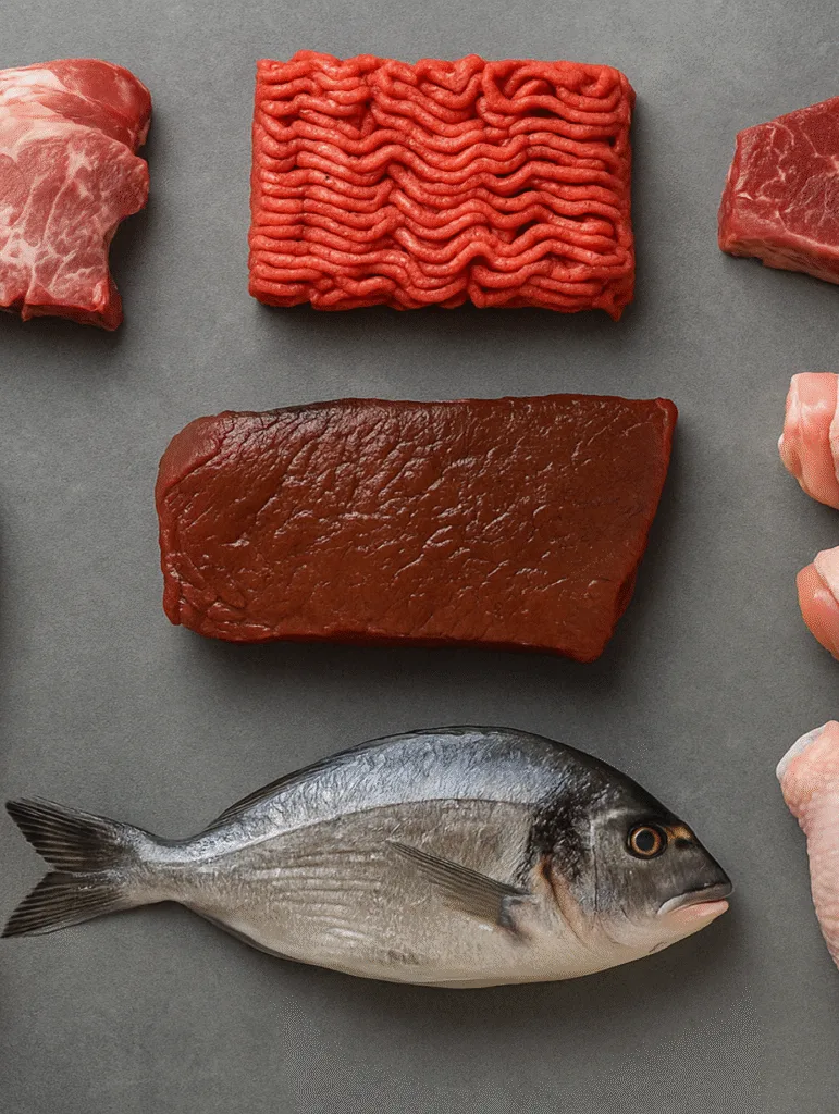 Selection of raw meats including beef, fish, chicken, and salmon, arranged on a gray background