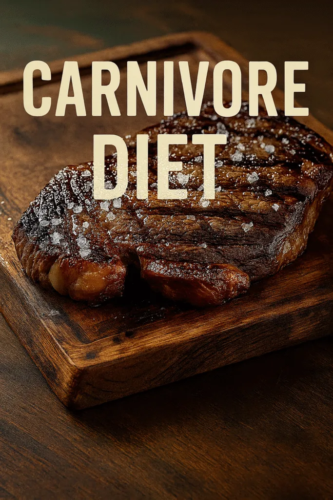 Cooked ribeye steak with salt flakes on a wooden board, with "Carnivore  Diet" text overlay Carnivore Diet Meal Plan