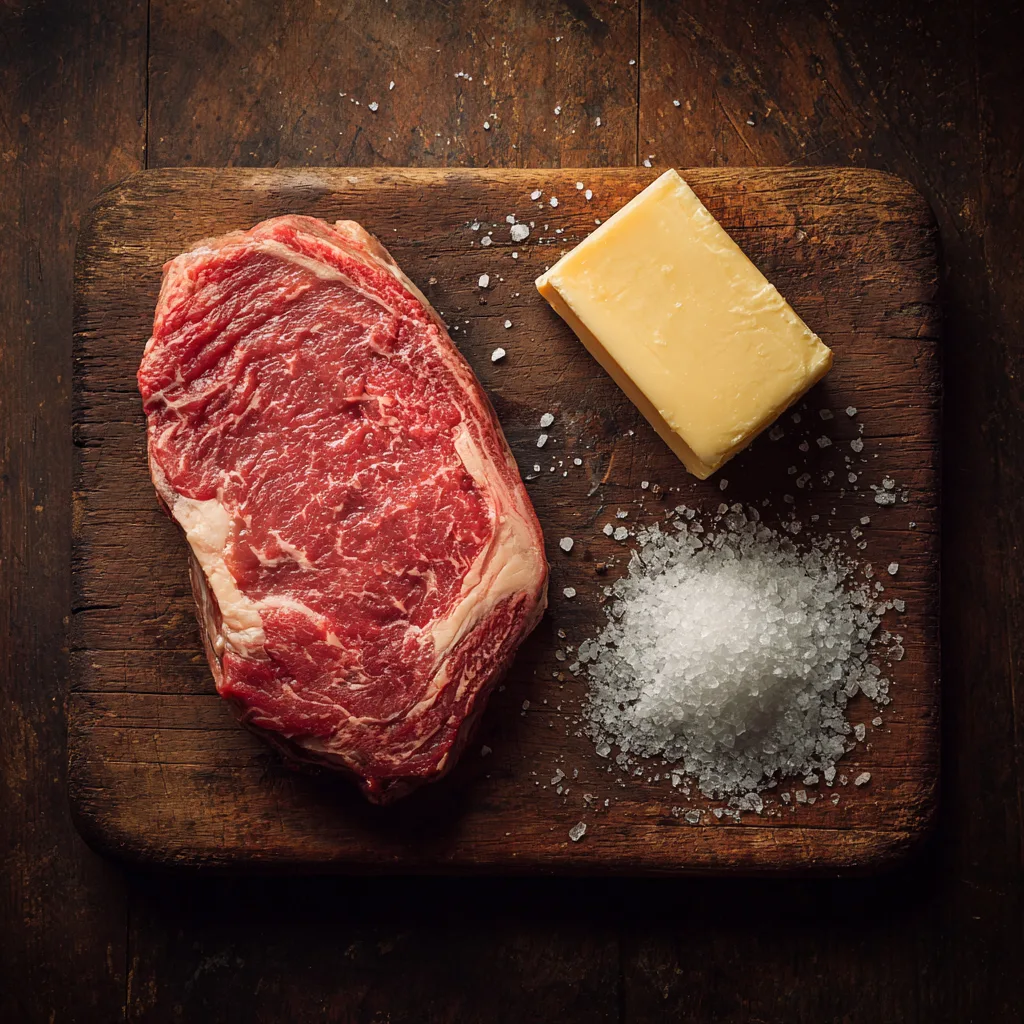 Raw ribeye steak, butter, and coarse sea salt on a rustic wooden board Carnivore Diet Meal Plan