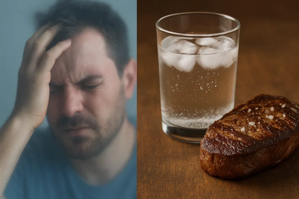 Split image showing a man with a headache on the left and ribeye steak with salt water on the right, symbolizing carnivore flu and its remedy. Carnivore Diet Side Effects & Adaptation