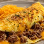 Carnivore omelette filled with ground beef and melted cheddar cheese on a plate.