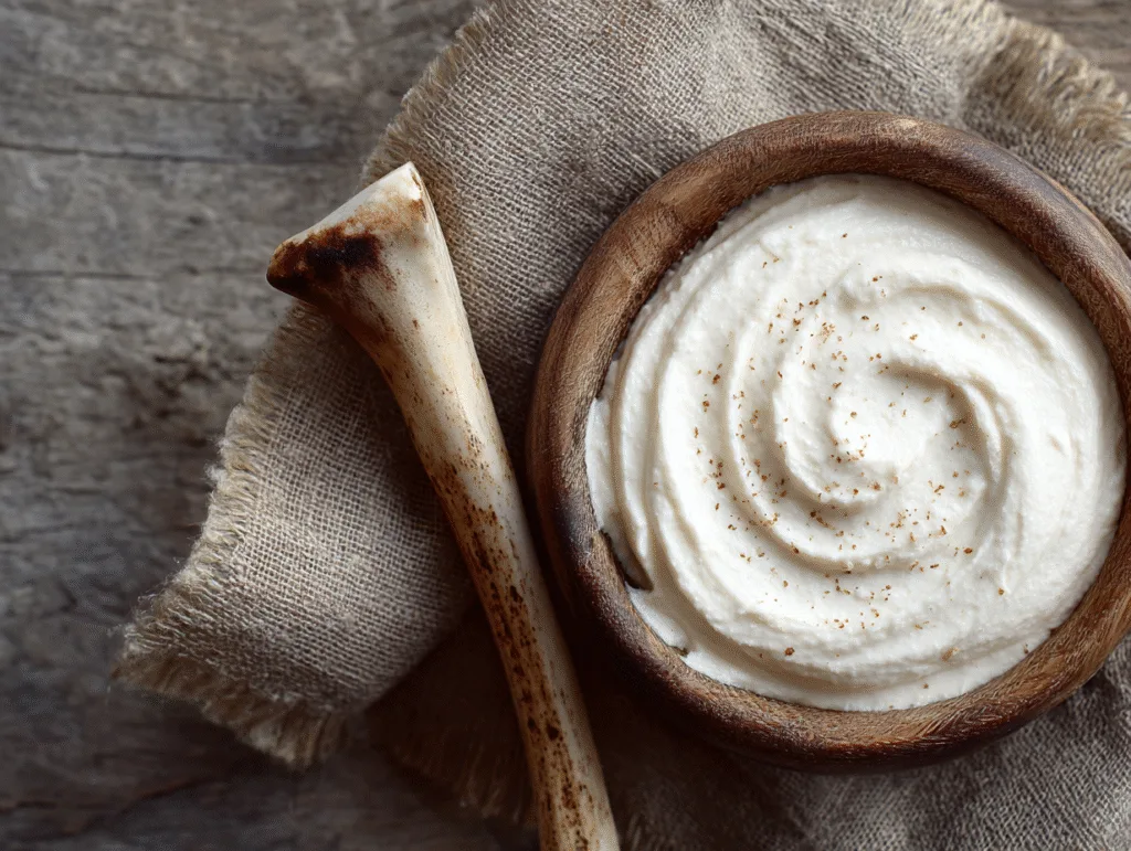 Rustic wooden bowl filled with creamy Carnivore Panna Cotta mixture.