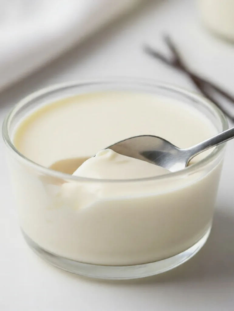 Smooth vanilla carnivore panna cotta in a glass bowl with a spoon scooping into the creamy texture.