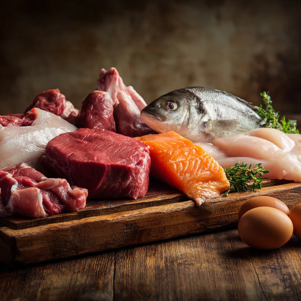 Assortment of raw animal proteins including salmon, beef, and fish on wooden cutting board for carnivore diet food list