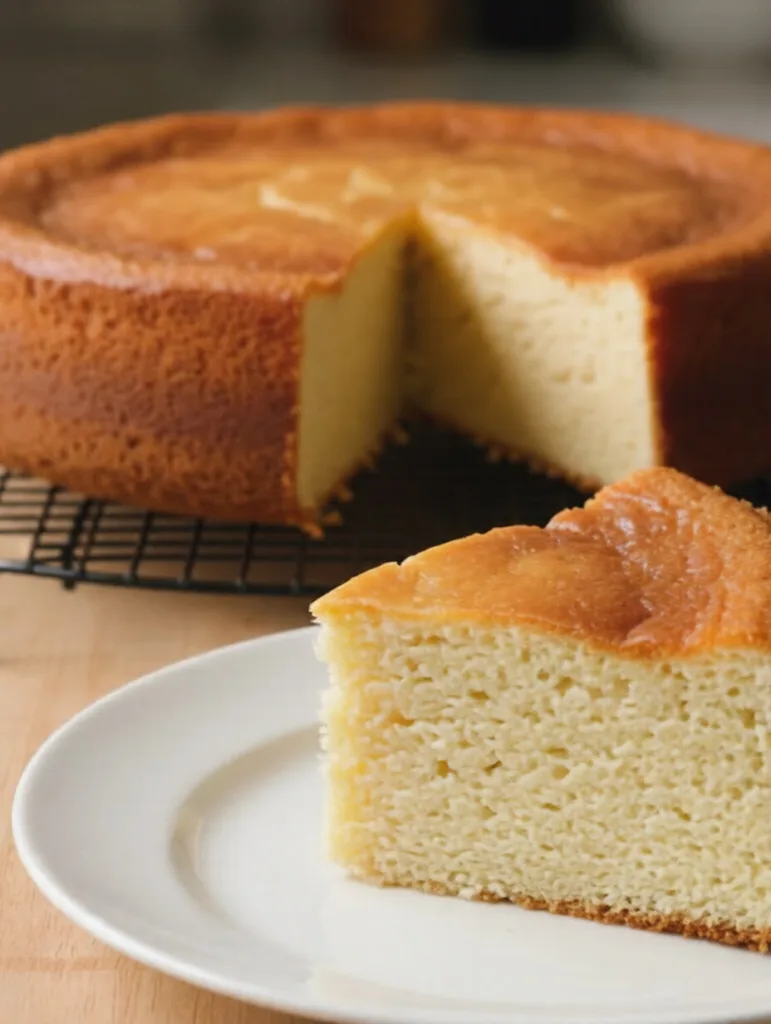 Slice of fluffy carnivore vanilla cake on a plate with the full cake in the background.