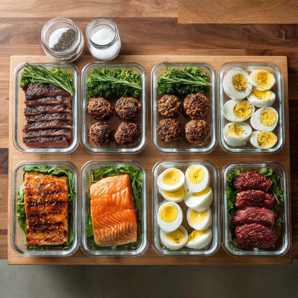 Meal prep containers with ribeye, salmon, meatballs, eggs for a carnivore diet for carnivore meal prep ideas
