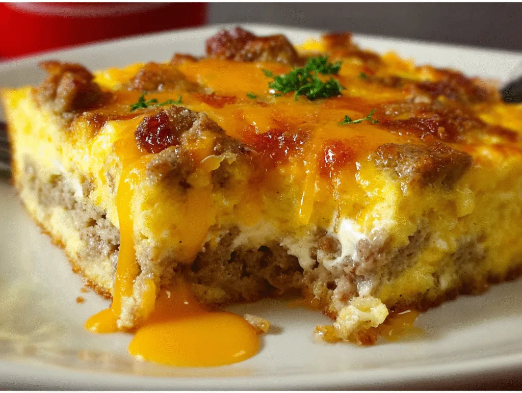 Sausage and Cheese Bake - Melted cheddar topping on a sausage and egg breakfast casserole.