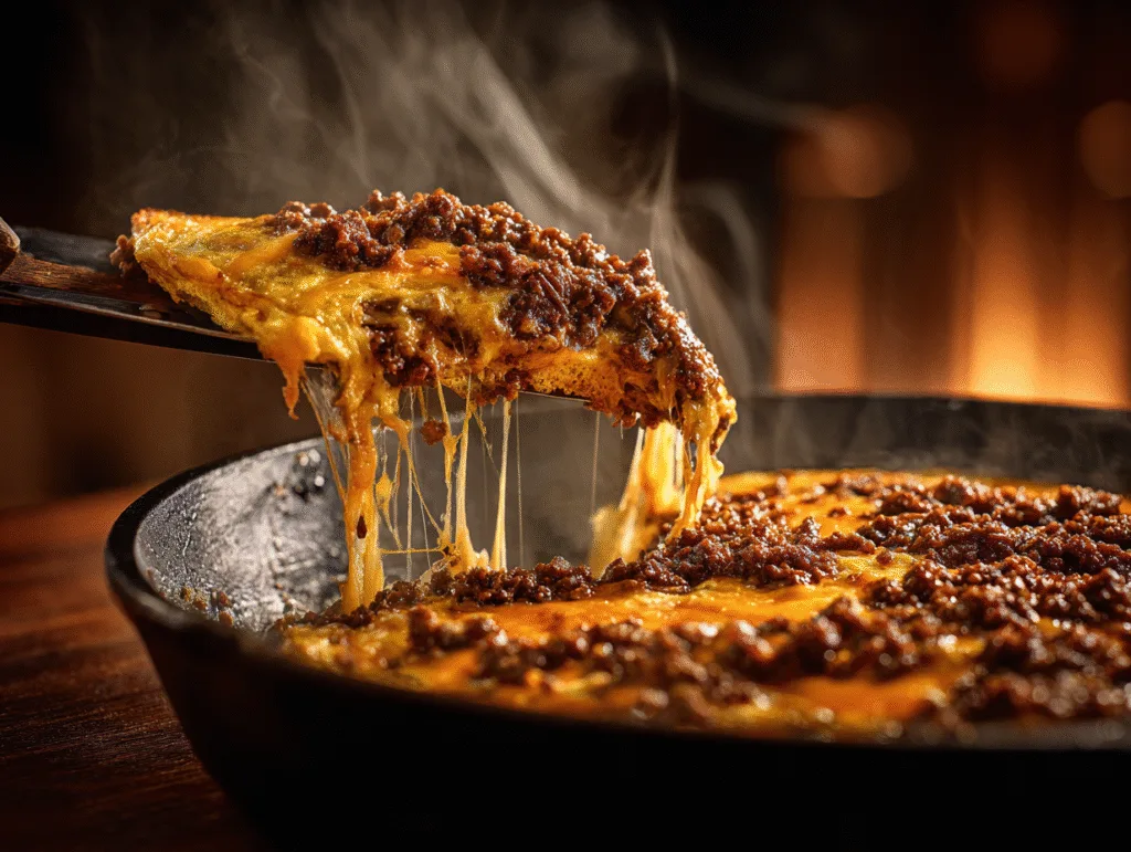 Cheesy carnivore omelette being lifted from a skillet with melted cheese stretching.
