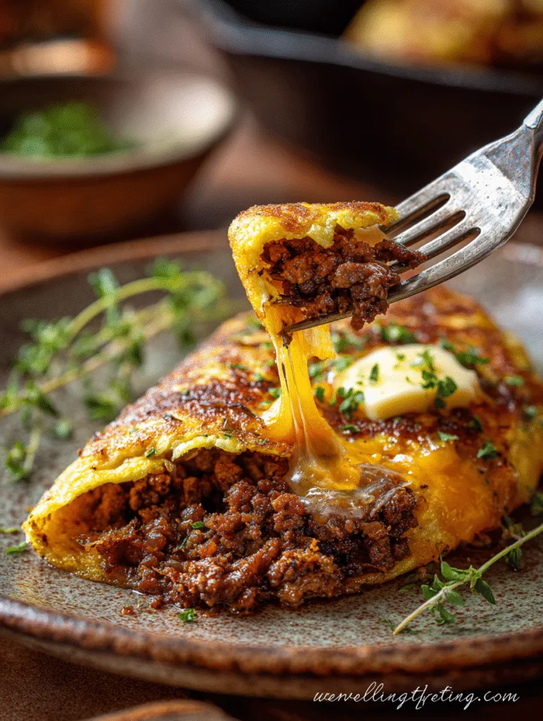 Close-up of a cheesy carnivore omelette with ground beef and melted cheese lifted by a fork.