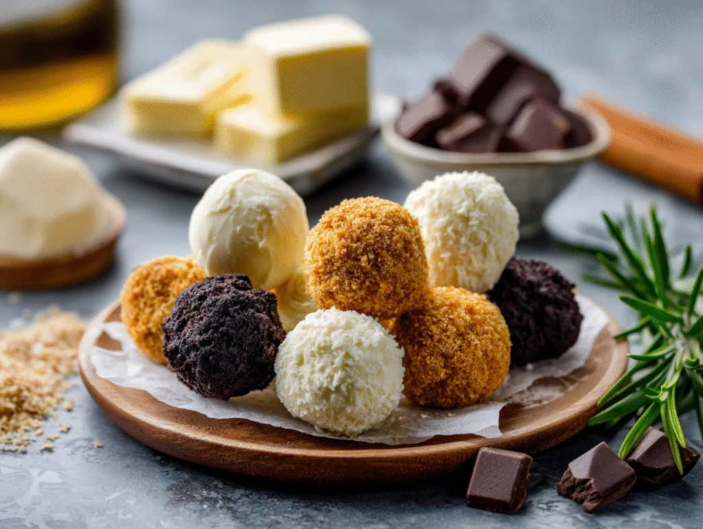 Mixed cream cheese bites coated in chocolate, vanilla, and crunchy crumbs on a wooden plate.