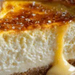 Close-up slice of creamy carnivore cheesecake with a golden top and custard dripping down the side.