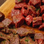 Raw cubed ribeye steak on a wooden cutting board, seasoned and ready for cooking for carnivore meal prep ideas