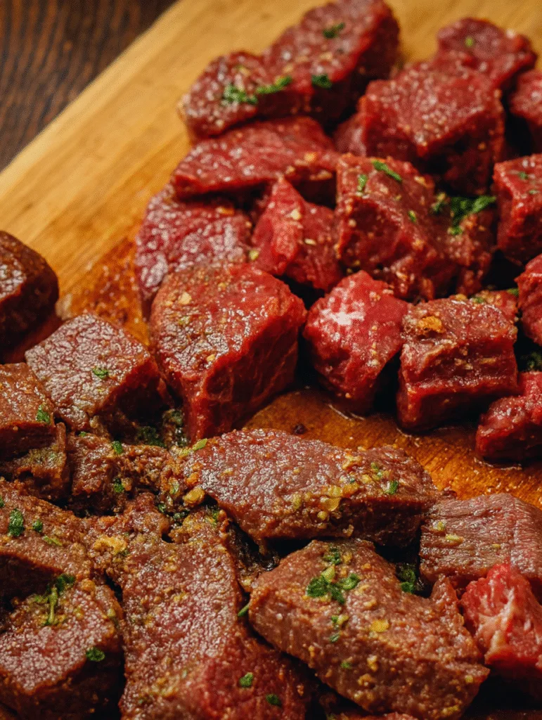 Raw cubed ribeye steak on a wooden cutting board, seasoned and ready for cooking for carnivore meal prep ideas