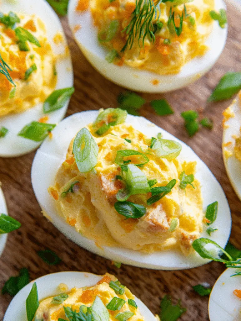 Close-up of creamy deviled eggs topped with chopped green onions and fresh dill on a wooden board