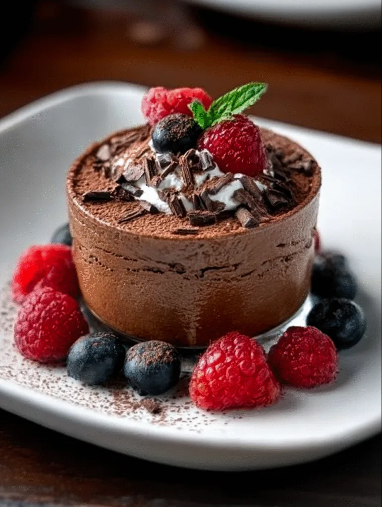 Elegant chocolate mousse cylinder topped with whipped cream, berries, mint, and chocolate shavings on a white plate.