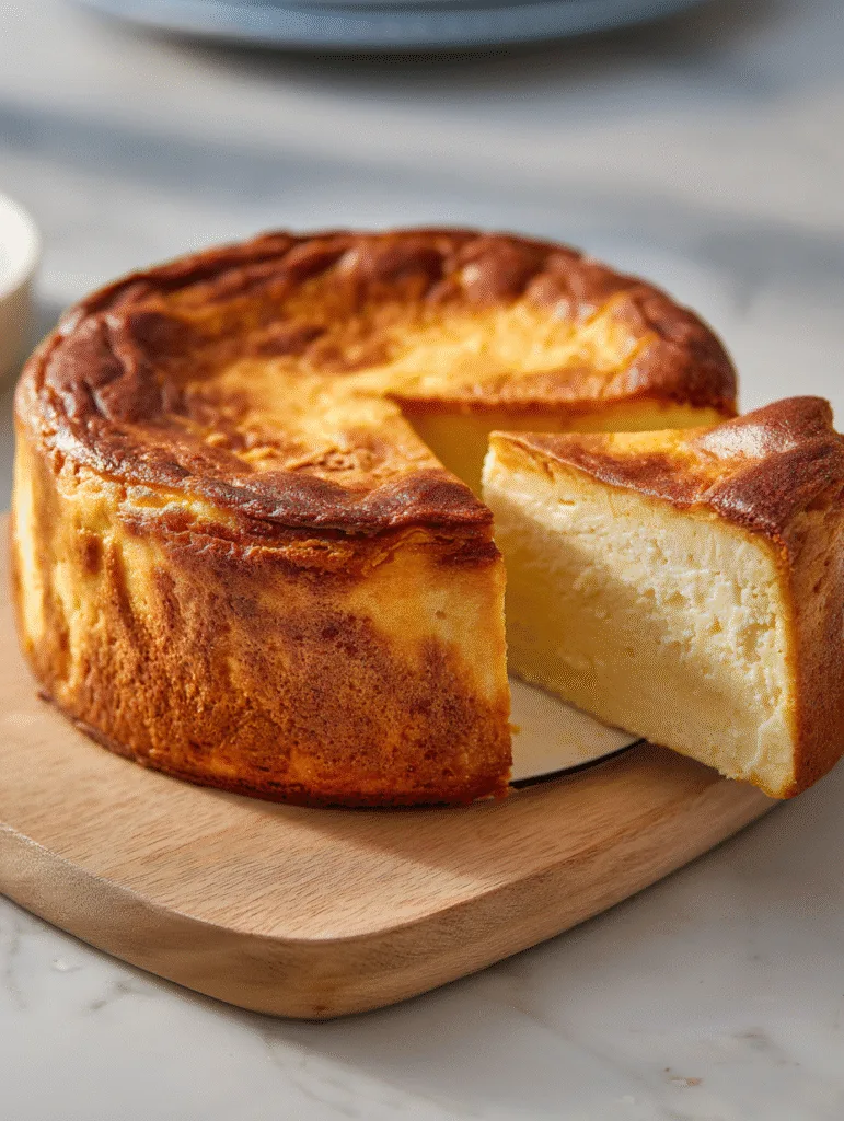 Golden carnivore cheesecake with a slice cut out on a wooden board.