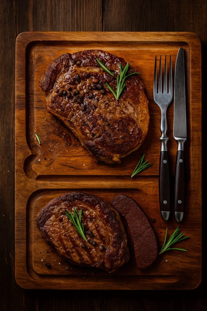 Perfectly seared ribeye steak with peppercorn and rosemary on a wooden cutting board with fork and knife. Carnivore Diet for Weight Loss